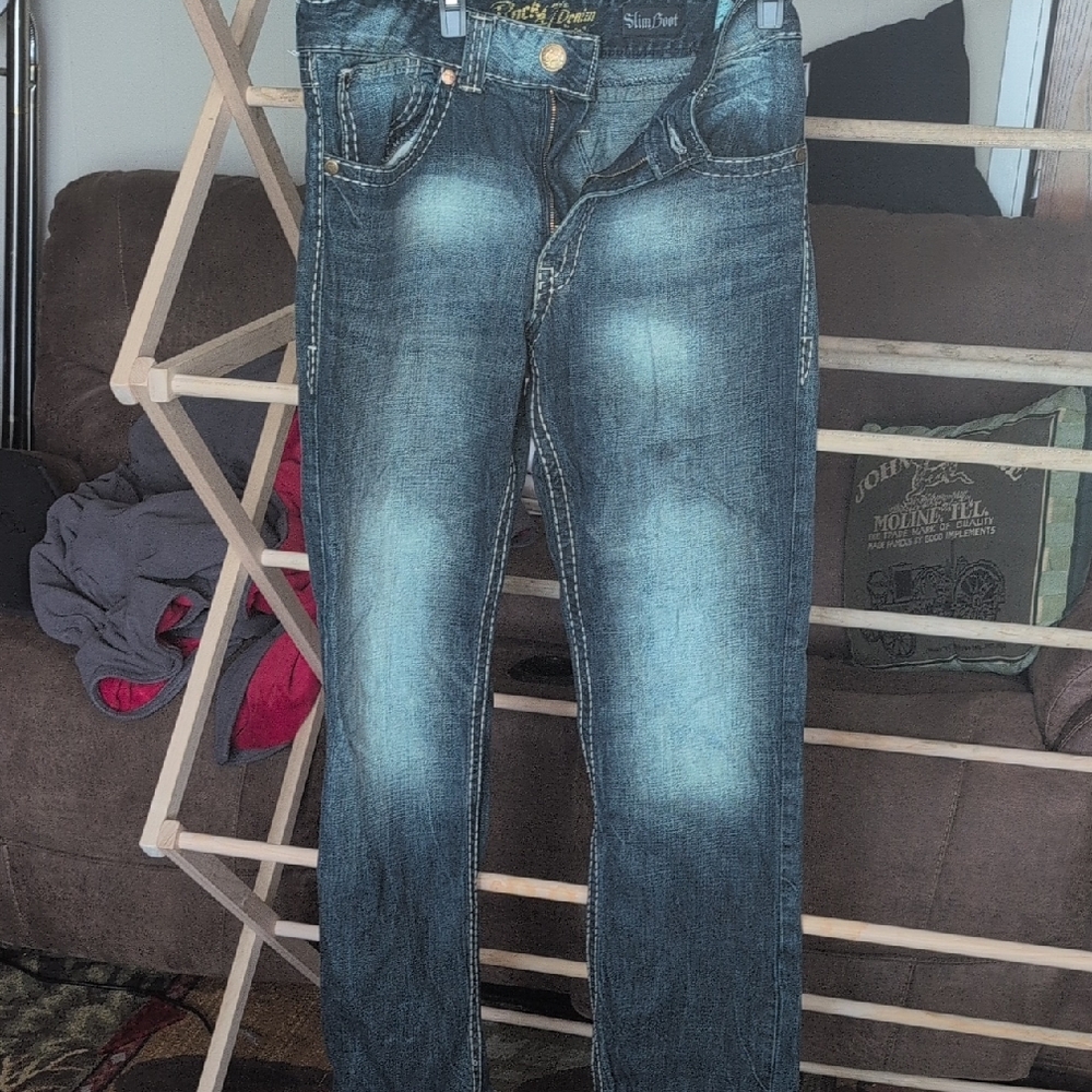 Blue Bootcut Jeans with Distressed Details